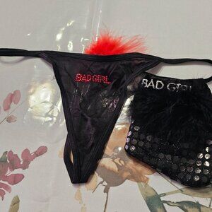 NWOT Womens Bad Girl Embellished Sheer Thong/Red Feather & Xmas Stocking S/M